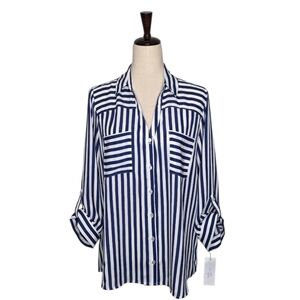 BCX Navy And White Striped Collared V-neck Button-Up Blouse Size XL